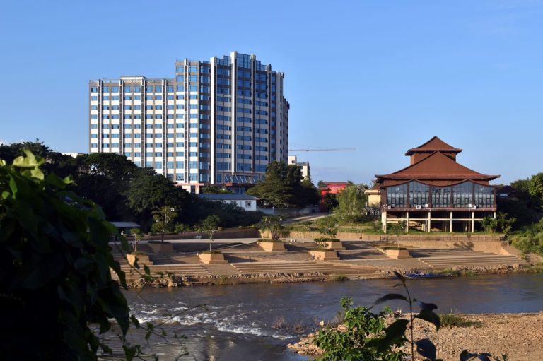 The town of Shwe Kokko, notorious for its cyber scam operations, in Kayin State’s Myawaddy Township, seen from the Thai side of the Moei River in November 2022. (Frontier)