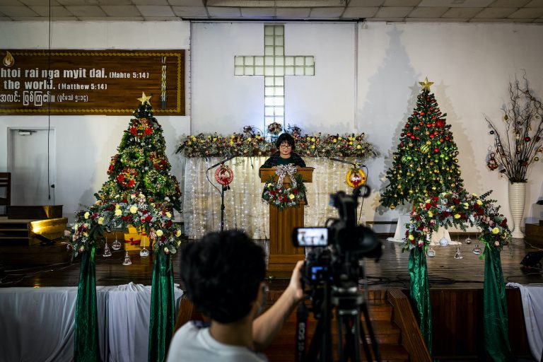 The Kachin Baptist Church in Yangon conducts a practice run on December 20 for their Christmas Day live broadcast. (Hkun Lat | Frontier)