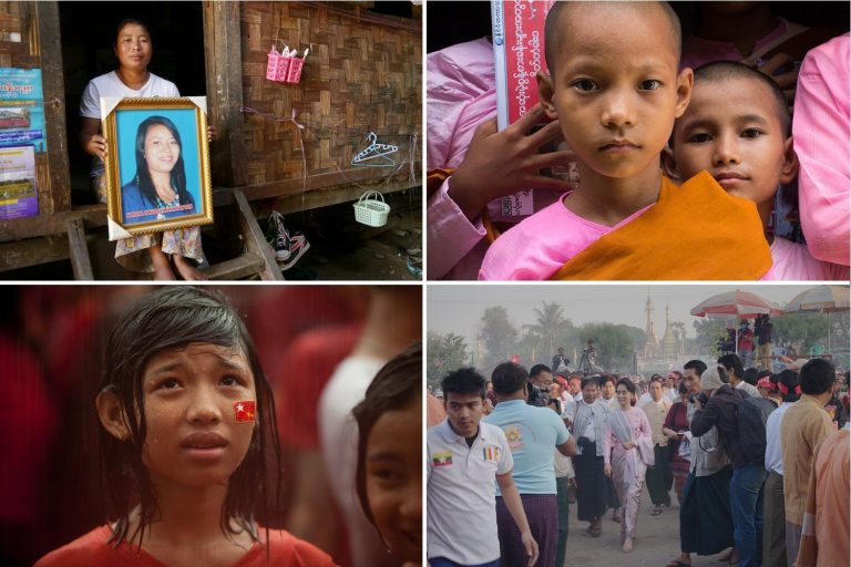 Stills from the films Mother, Daughter Sister; 1,000 Mothers; Vote; and Burma VJ