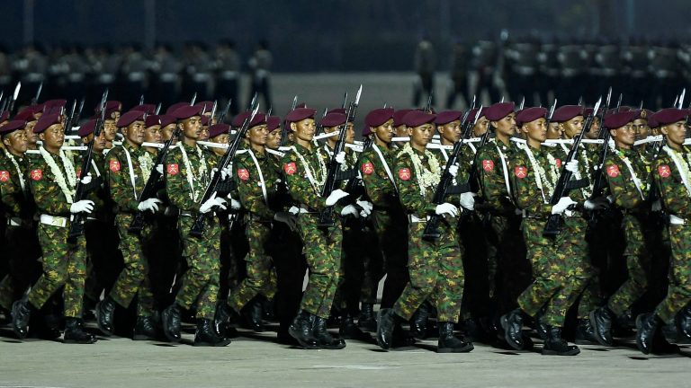 Soldiers parade in a ceremony to mark Myanmar's Armed Forces Day in Nay Pyi Taw on March 27. (AFP)