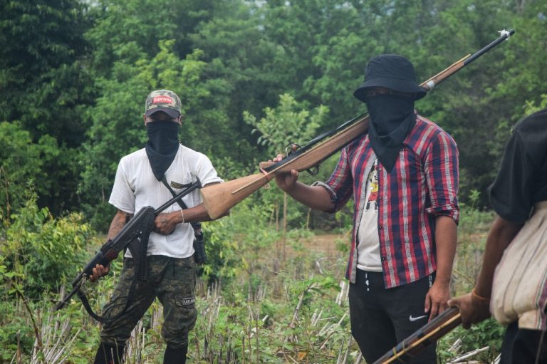 Members of the Southern Pauk Guerrilla Force guard their temporary jungle camp in southern Pauk Township. (Frontier)