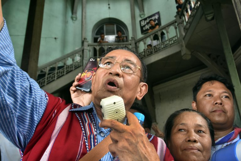 Padoh Mahn Nyein Maung attends a demonstration on October 2, 2019 in central Yangon to protest the arrest and jailing of prominent Karen activist Naw Ohn Hla and two Karen youth activists for organising an unauthorised ceremony to mark Karen Martyrs’ Day. (Steve Tickner | Frontier)