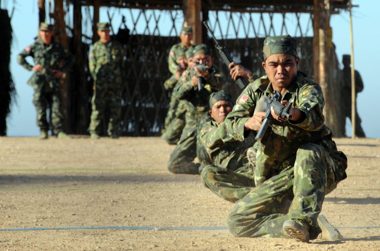 Restoration Council of Shan State soldiers perform drills at the armed group's headquarters in Loi Tai Leng, where some abducted civilians are said to be held. (Frontier)