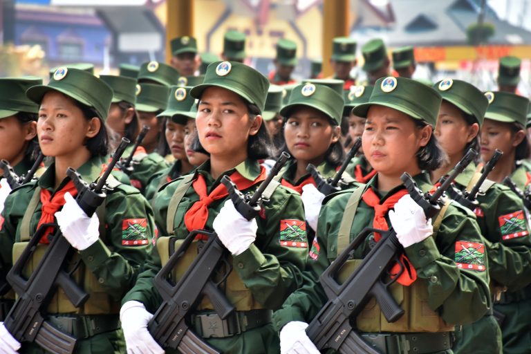 UWSA soldiers rehearse for the 30th anniversary of the group's ceasefire in the Wa State capital Panghsang on 15 April 2019. (Steve Tickner  | Frontier)