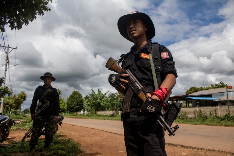 Members of the Karenni Nationalities Defence Force and the Karenni Army at a checkpoint in Kayah State’s Demoso Township on October 19, 2021. (AFP)