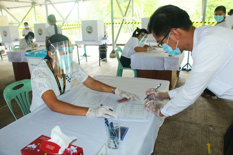 The Union Election Commission rehearses a socially distanced polling station in Nay Pyi Taw on June 12. (Supplied)