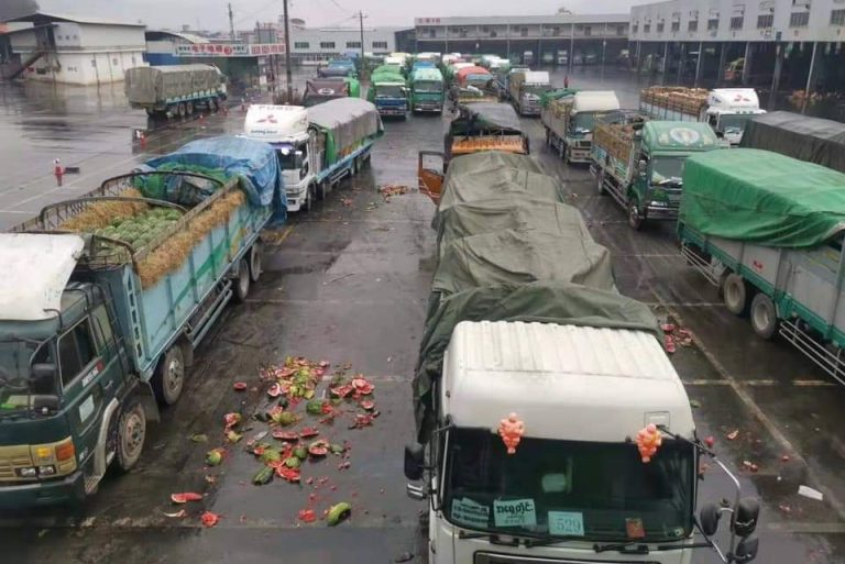 Trucks carrying watermelons at the Myanmar-China border in Muse. (Supplied)