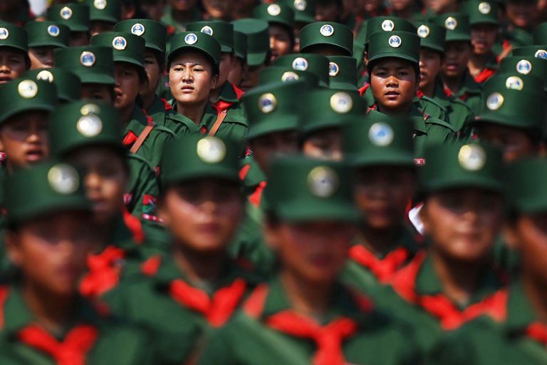 United Wa State Army soldiers participate in a military parade to mark the 30th anniversary of a ceasefire with the Tatmadaw in the Wa capital Panghsang on April 17, 2019. (AFP)