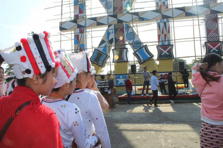 Youth from Kachin State gathered at Kachin National Manau Park to practice dancing in the lead-up to a Kachin State Day festival planned for January 2020. The festival was cancelled amid controversy over the renaming of Kachin State Day in Jinghpaw language from Jinghpaw Mungdan Nhtoi to Kachin Mungdan Nhtoi. Taken December 2019 (Emily Fishbein).