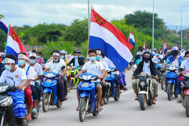 Karen National Democratic Party supporters ride in a convoy through Myawaddy Township, Kayin State, on October 19. (Supplied/Karen National Democratic Party)