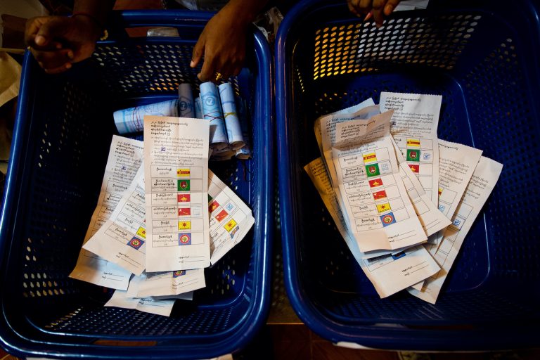 Counted ballots at a polling station in South Okkalapa Township in Yangon on November 8. (Hkun Lat | Frontier)