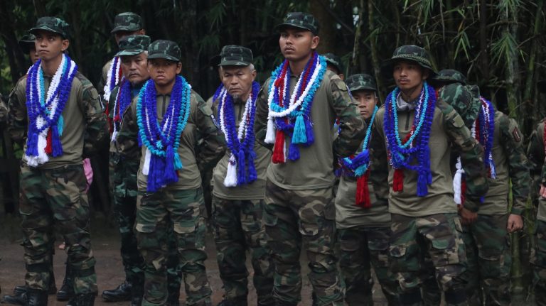 Kawthoolei Army fighters attend a ceremony marking Karen Martyrs’ Day in August of this year. (Frontier)