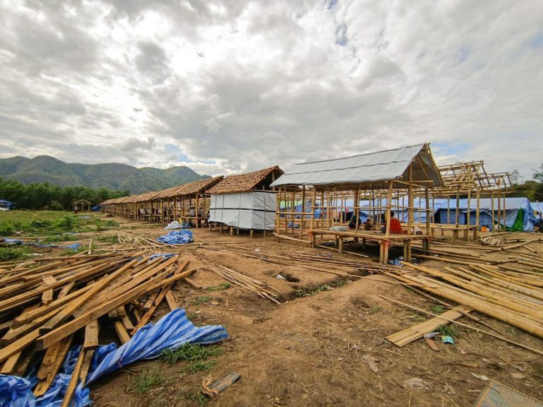 Shelters under constriction in the Sakhan Ka Gyi IDP camp in Kayin State, pictured on April 28. (Supplied)