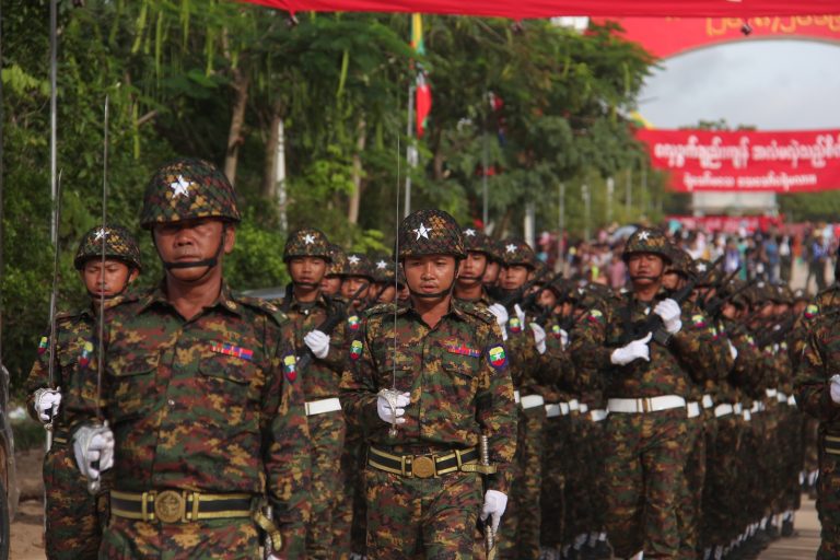 Soldiers from the Kayin State Border Guard Force, now renamed as the Karen National Army, parade at a ceremony to commemorate the group's ninth anniversary in Shwe Kokko on August 20, 2019. (Mar Naw | Frontier)