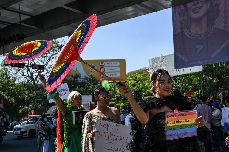 Members of the LGBT community take part in a demonstration against the military coup in Yangon on February 11, 2021. (AFP)