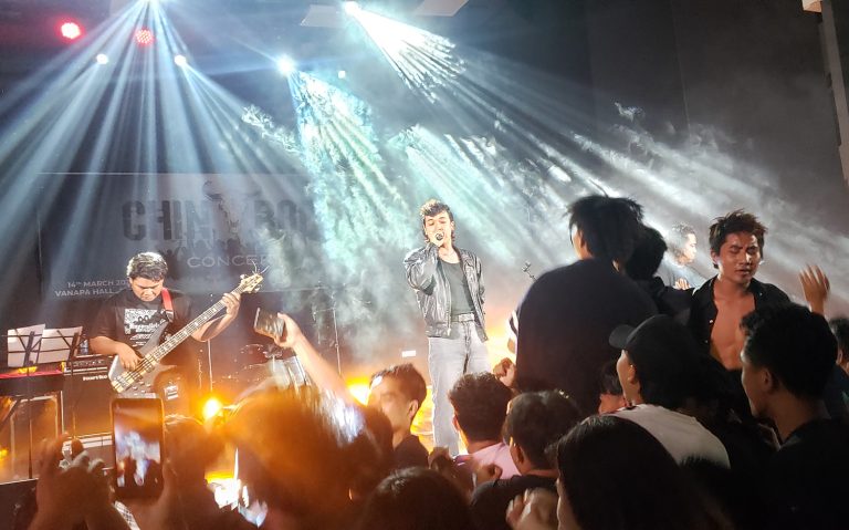 Chin singer Benjamin Sum performs in the Mizoram State capital of Aizawl in March 2023, during a fundraising concert organized by the Chin National Organization. (Emily Fishbein | Frontier)