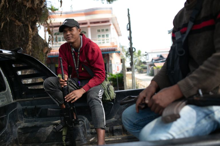Members of the Kalay and Zoland PDFs on their way to Kanan village in Sagaing Region in February. (Ivan Ogilvie | Frontier)
