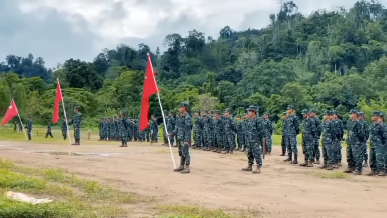 A screenshot of a video uploaded to Facebook on May 28 that purports to show the first batch of trained fighters from the People’s Defence Force, a national resistance army formed by the National Unity Government.
