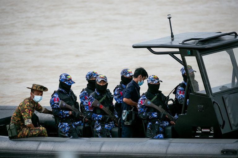 Members of the Myanmar navy during the inauguration of the new coastguard in Yangon on October 6, 2021. (AFP)