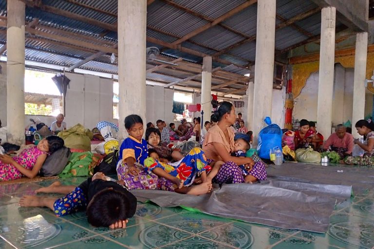 Internally displaced people rest in a monastery turned into a temporary shelter in Rakhine State’s Pauktaw Township on November 23. (AFP)