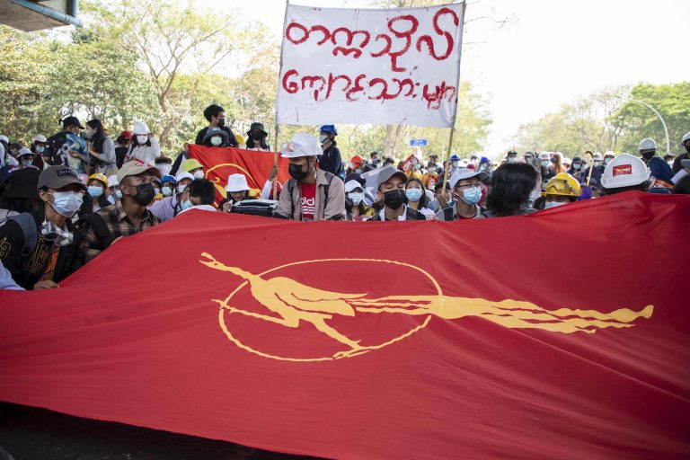 Student union activists protest against the coup at Hledan junction in Yangon in February of last year (Frontier).