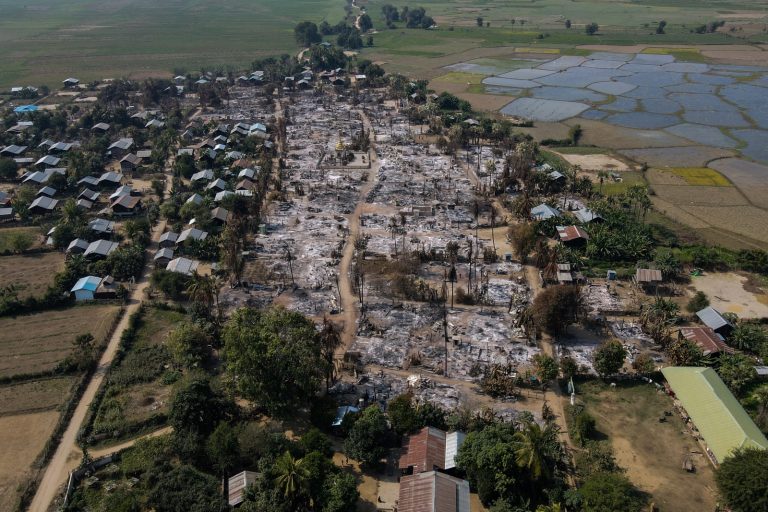 Aerial photo of a village burnt by junta troops in Sagaing Region’s Mingin Township taken on February 5, 2022. Pyusawhti militias have joined the military in burning villages across Sagaing to undermine support for resistance forces. (AFP)