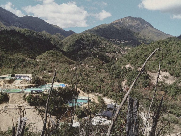 Pools of chemicals used to extract rare earths from the hills of Kachin State along the border with China, seen in 2021. (Supplied)