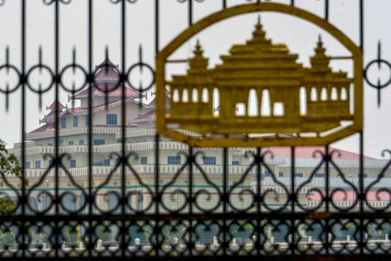 The national parliament building behind closed gates in Nay Pyi Taw on March 14, 2021. Myanmar’s national and regional parliaments have been closed since the coup in February 2021. (AFP)