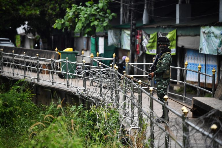 A Thai soldier stands guard on the Thai-Myanmar border in the town of Mae Sot on October 29, 2020. (AFP)