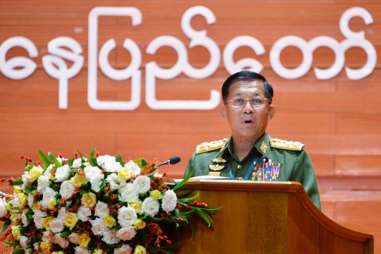 Senior General Min Aung Hlaing speaks during the opening ceremony of the 21st Century Panglong Union Peace Conference in Nay Pyi Taw on August 19. (AFP)