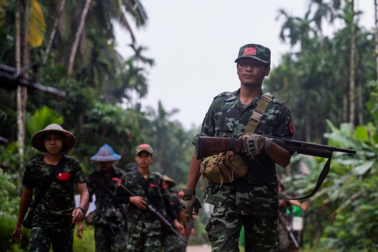 Tanintharyi PDF fighters patrol a village in Tanintharyi Region on October 17. (Mar Naw | Frontier)