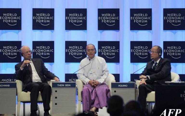 Military-backed President Thein Sein addresses the World Economic Forum in 2013 (AFP)