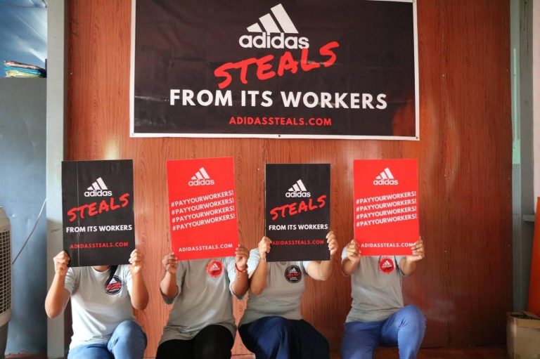 Workers from the Myanmar Pou Chen factory in Yangon, which produces footwear for Adidas, protest in August. (Supplied)