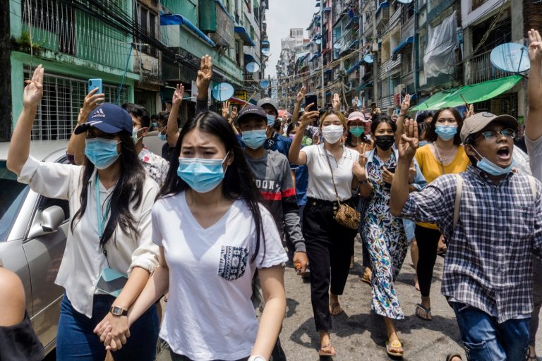 Many of the women that have been detained by security forces were arrested for peacefully protesting, as seen here in Yangon's Sanchaung Township on April 27. (AFP)