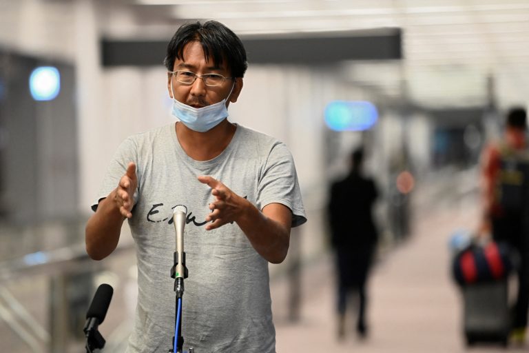 Deported Japanese journalist Yuki Kitazumi, who was arrested last month in Myanmar and held in Yangon’s Insein Prison for his coverage of the anti-junta uprising, speaks to the media after arriving at Tokyo’s Narita Airport on May 14. (AFP)