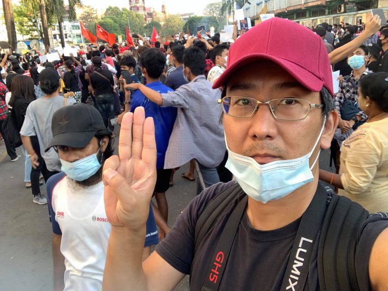 Japanese freelancer Yuki Kitazumi at an anti-coup protest in Yangon in early February. (Facebook / Yuki Kitazumi)