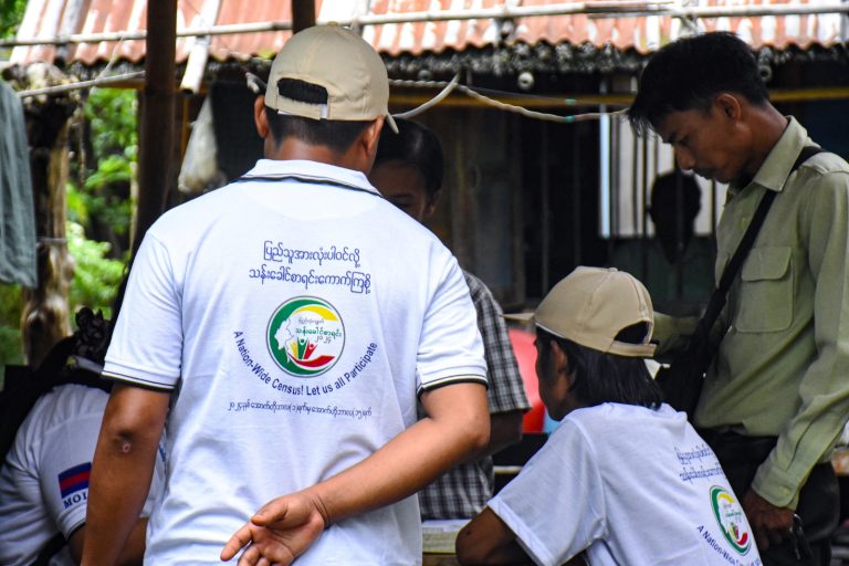 Enumerators collect household data during the junta’s national census in Nay Pyi Taw on October 1. (AFP)