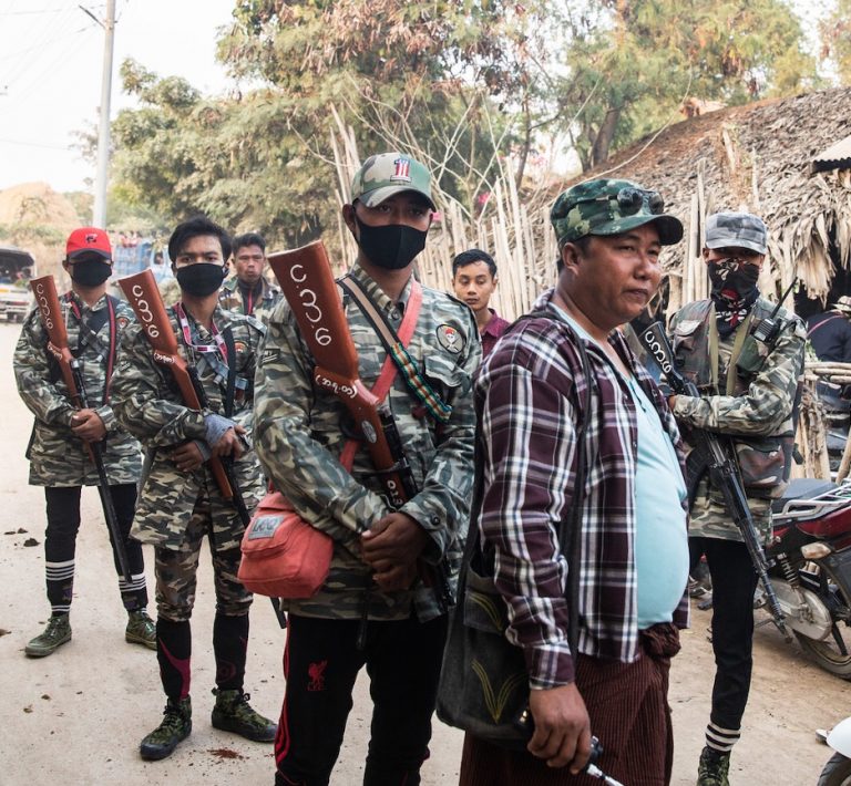 Thaw Ka (front) with other PDF fighters in Ayadaw Township in February. (Mar Naw | Frontier)