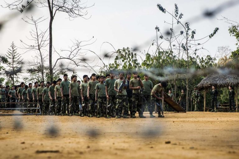 Arakan Army recruits train in the Kachin Independence Army headquarters of Laiza, Kachin State, in 2019. (Frontier)