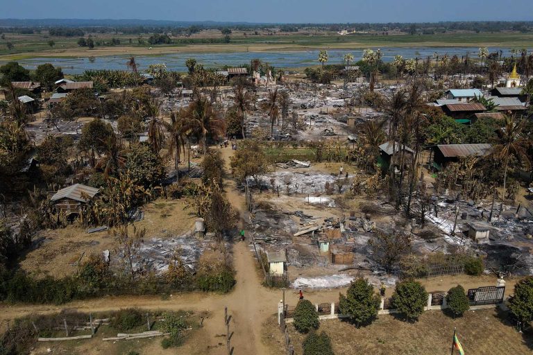 Aerial view of buildings torched by the Tatmadaw in Sagaing Region's Mingin Township in February 2022. (AFP)