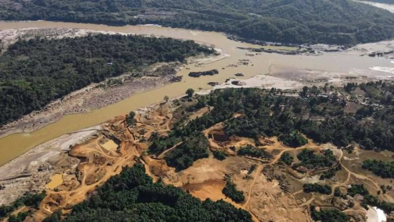 Drone photographs taken at the Myitsone river confluence in January 2022 show the impacts of gold mining on the environment (Supplied)