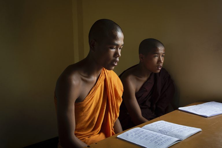 Novice monks attend an informal tuition class in Aung Myay Thar Yar monastery in Kyaukme Township, Shan State, on August 6. Like other monastic schools, Aung Myay Thar Yar has been unable to resume formal lessons because of COVID-19. (Hkun Lat | Frontier)