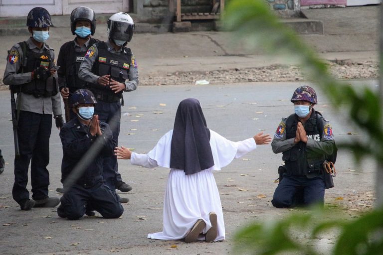 "Please, don’t shoot or beat the children. They are young and very afraid of you," Catholic nun Sister Ann Rosa Nu Tawng tells security forces, shortly before they open fire on protesters at Myitkyina's St Columban’s Cathedral on March 8. (Myitkyina News Journal | AFP)