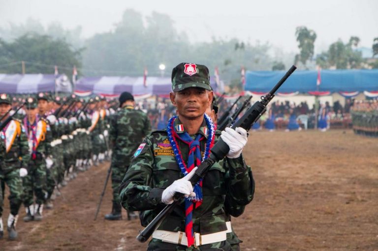 DKBA troops take part in a ceremony in 2019 to mark the 25th anniversary of the group’s founding. (Thuya Zaw | Frontier)