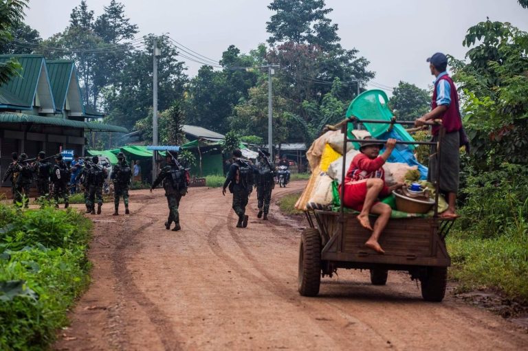 People's Defence Force fighters return to camp after battles on the outskirts of Moebye on the Shan-Kayah border. (Mar Naw | Frontier)