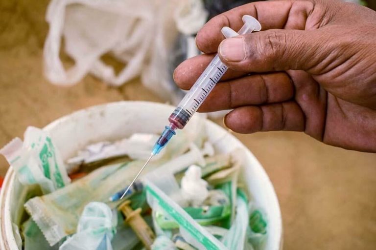 A used heroin syringe pictured in Kawlin, Sagaing Region in 2020. (Frontier)