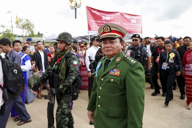 Kayin State Border Guard Force chief Colonel Saw Chit Thu at a ceremony at Shwe Kokko in August 2019 to mark the group's ninth anniversary. (Frontier)