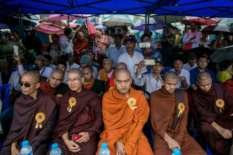 Ultranationalist monks attend a demonstration to protest proposed amendments to the 2008 Constitution in Yangon on July 17, 2019. More recently, some pro-military monks have turned against junta chief Senior General Min Aung Hlaing for failing to crush resistance to the 2021 coup. (AFP)