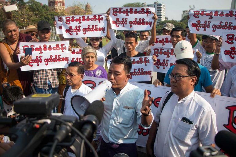 Protesters march against a the idea of restarting of the Myitsone Dam in Yangon in 2020. (Frontier)